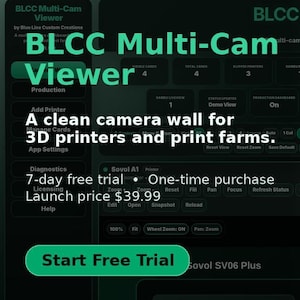 以下が含まれることがあります： BLCC Multi-Cam Viewerソフトウェアのデジタルインターフェース。ダークな背景に緑色のテキストとボタンが配置されています。画面には3Dプリンター用のカメラウォールダッシュボードが表示されており、プリンター管理設定やStart Free Trialボタンが含まれています。