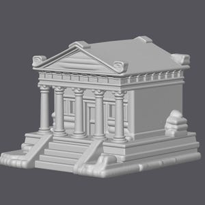 May include: A 3D-rendered model of a classical building, likely a temple or government structure. The model is monochromatic, featuring a light gray color. It has a rectangular base with steps, columns, and a triangular roof.