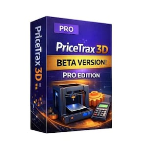 May include: A product box for PriceTrax 3D Pro Edition, featuring a 3D printer illustration, a gear, and a calculator. The box is predominantly blue with gold accents and the text "BETA VERSION!"