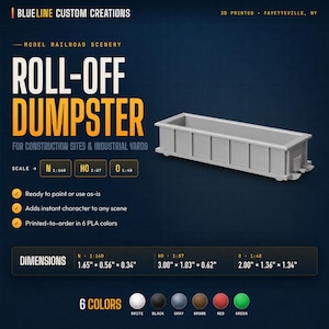 May include: A gray 3D-printed roll-off dumpster model for model railroad scenery. The text on the image says "ROLL-OFF DUMPSTER" and "FOR CONSTRUCTION SITES & INDUSTRIAL VARDS". The model is available in 6 colors and comes in different scales. Dimensions are provided.
