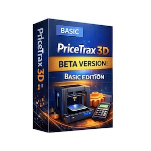 May include: A product box for PriceTrax 3D Basic Edition software. The box is dark blue with the software name and "BETA VERSION!" in white and gold text. The image on the box shows a 3D printer, a gear, and a calculator.