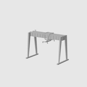 May include: A gray gantry crane model, featuring a rectangular top section supported by two A-frame legs. The crane has a detailed central mechanism and is set against a plain background. The design is simple and industrial.