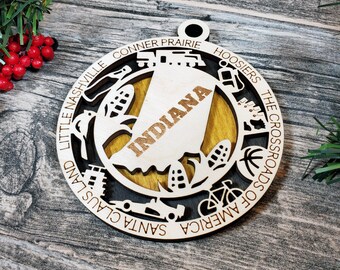 Indiana Wooden USA State Ornament- (USA, United States, State)