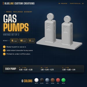 Può includere: Due pompe di benzina vintage grigie stampate in 3D su una base, etichettate "Vintage Set of 2". Le pompe sono per scenografie di modellismo ferroviario, con dimensioni fornite per diverse scale.