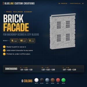 Könnte beinhalten: Ein 3D-gedrucktes Backsteinfassadenmodell für Modelleisenbahnlandschaften. Das Modell zeigt eine strukturierte Steinmauer mit vier Fensteröffnungen. Abmessungen: 2,9 x 0,66 x 3,8 cm (N 1:160), 5,9 x 1,3 x 7,6 cm (HO 1:87) und 9,8 x 2,2 x 12,7 cm (O 1:48). Erhältlich in 6 Farben.