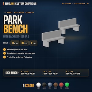 May include: Two grey park benches with backrests for model railway scenery. The benches measure 1.27 x 0.38 x 0.66 cm (N scale). Ready to paint or use as-is, they add character to any scene. Available in 6 PLA colours.