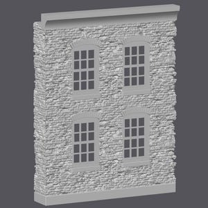 May include: A gray stone wall section with four arched windows. The windows have a grid pattern, and the wall has a textured, weathered appearance. A decorative ledge is at the top and bottom.