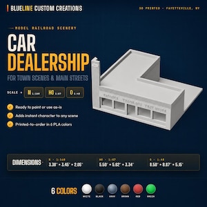Op de afbeelding: Een wit 3D-geprint model van een autodealer voor modelspoorweglandschappen. Het model is ontworpen voor stadstaferelen en hoofdstraten. Afmetingen: 8,59 cm x 8,76 cm x 5,21 cm (schaal N), 13,97 cm x 14,27 cm x 8,48 cm (schaal HO) en 21,59 cm x 22,53 cm x 13,08 cm (schaal O). Verkrijgbaar in 6 kleuren.