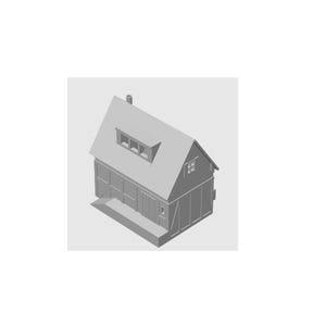 May include: A grayscale model of a small building with a pitched roof and a chimney. The building has a dormer window and a small window. The structure appears to be a model or architectural representation.