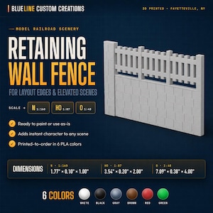 May include: A gray 3D-printed retaining wall fence for model railroad scenery. The fence is designed for layout edges and elevated scenes. Dimensions are provided for N, HO, and O scales. Available in 6 colors. The text "RETAINING WALL FENCE" is displayed.