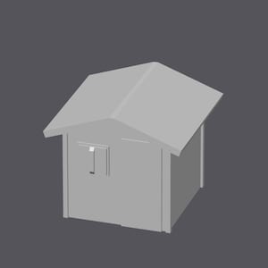 May include: A small, gray, geometric house model with a pitched roof and a rectangular window. The house is rendered in a simple, minimalist style, with clean lines and a solid color. The background is a solid gray.