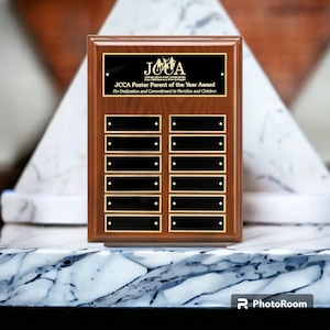 Custom Perpetual Plaque – Walnut Piano Finish Award with Engraved Plates