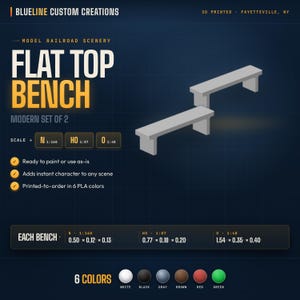 May include: Two gray, flat-top benches for model railroad scenery. The benches are part of a modern set of two, ready to paint or use as-is. The benches are available in 6 PLA colors. Each bench measures 0.50 x 0.12 x 0.13 inches.