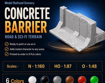 Barreira de concreto para maquete ferroviária em escala HO/NO | Estrada impressa em 3D e terreno de ficção científica | Detalhe de diorama industrial | Peça de parede para mesa
