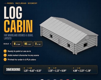 Model Railroad Log Cabin – N HO O Scale 3D Printed Rustic Building