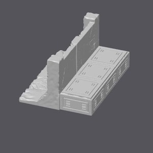 May include: A gray, 3D-rendered model of a section of a wall and a rectangular structure. The wall has a rough, textured surface and is angled. The rectangular structure has a series of square panels and a detailed design.