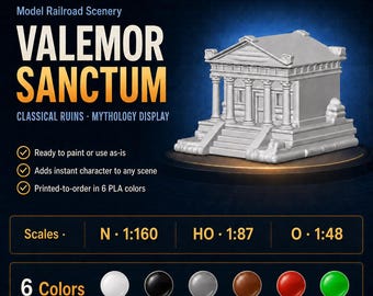 Ruínas do Santuário de Valemor em escala HO/NO | Ruínas Clássicas impressas em 3D | Cenário para dioramas de mesa e trens | Exposição de mitologia