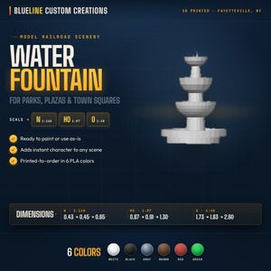 May include: A 3D-printed white water fountain model for parks and town squares. The model is ready to paint and adds character to any scene. Dimensions are 0.43 x 0.45 x 0.65 inches. Available in 6 colors.