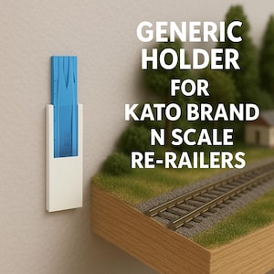 May include: A blue plastic holder for Kato brand N scale re-railers, mounted on a white rectangular base. The text "GENERIC HOLDER FOR KATO BRAND N SCALE RE-RAILERS" is displayed in white.