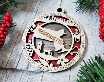 Massachusetts Wooden USA State Ornament- (USA, United States, State)