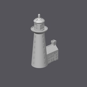 May include: A gray 3D model of a lighthouse with a cylindrical tower and a small attached building. The lighthouse has a lantern room at the top with windows and a small roof. The attached building has a pitched roof and several windows.