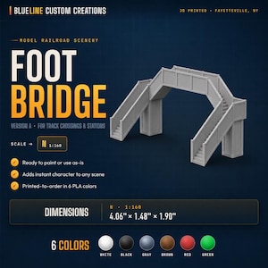 Può includere: Ponte pedonale grigio per modellismo ferroviario, stampato in 3D, per attraversamenti e stazioni. Versione A, scala N 1:160, misura 10,31cm x 3,76cm x 4,83cm. Pronto per la verniciatura, disponibile in 6 colori PLA.