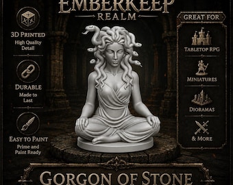 Estátua da Górgona de Pedra - Guardiã do Templo | Peça de Exibição Mitológica | Impressão 3D Fantástica | Miniatura para Mesa | Escultura Mítica Sombria