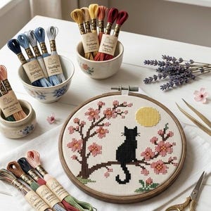May include: A cross-stitch embroidery hoop featuring a black cat on a flowering tree branch, with a yellow sun. Embroidery floss in various colors, scissors, and a compass are arranged on a white surface. The scene evokes a craft and hobby theme.