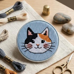 May include: A circular cross-stitch embroidery piece featuring a calico cat face with black, orange, and white fur on a light blue background. The cat has black whiskers, a pink nose, and a simple stitched mouth, framed in a round hoop.