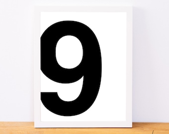 Number 9, Typography Print, Letter Print, Printable Number, Printable Art, Minimal Decor, Black and White Wall Art, Digital Download