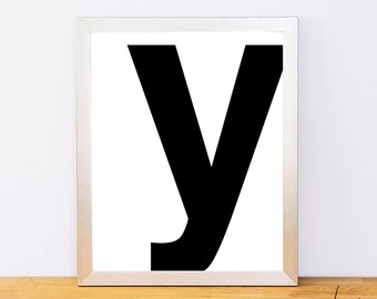 Lowercase Letter Y, Typography Print, Printable Monogram, Printable Art, Minimal Decor, Black and White Wall Art, Digital Download