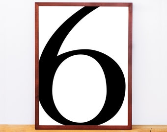 Serif Number 6, Typography Print, Letter Print, Printable Monogram, Printable Art, Minimal Decor, Black and White Wall Art, Digital Download