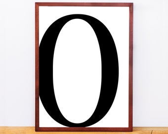Numer Serif 0, Typografia Druk, Nadruk literowy, Monogram do druku, Sztuka do druku, Minimalistyczny wystrój, Czarno-biała sztuka ścienna, Pobieranie cyfrowe
