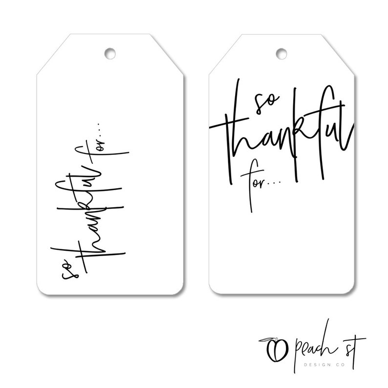 May include: Two white gift tags with black calligraphy. The text on the left tag reads "so thankful for..." and the text on the right tag reads "so thankful for..."