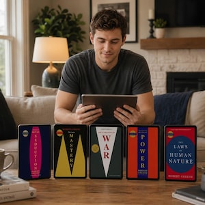 May include: Five digital tablets arranged in a row, each displaying a book cover by Robert Greene: The Art of Seduction, Mastery, The 33 Strategies of War, The 48 Laws of Power, and The Laws of Human Nature, with a person holding a tablet behind them.