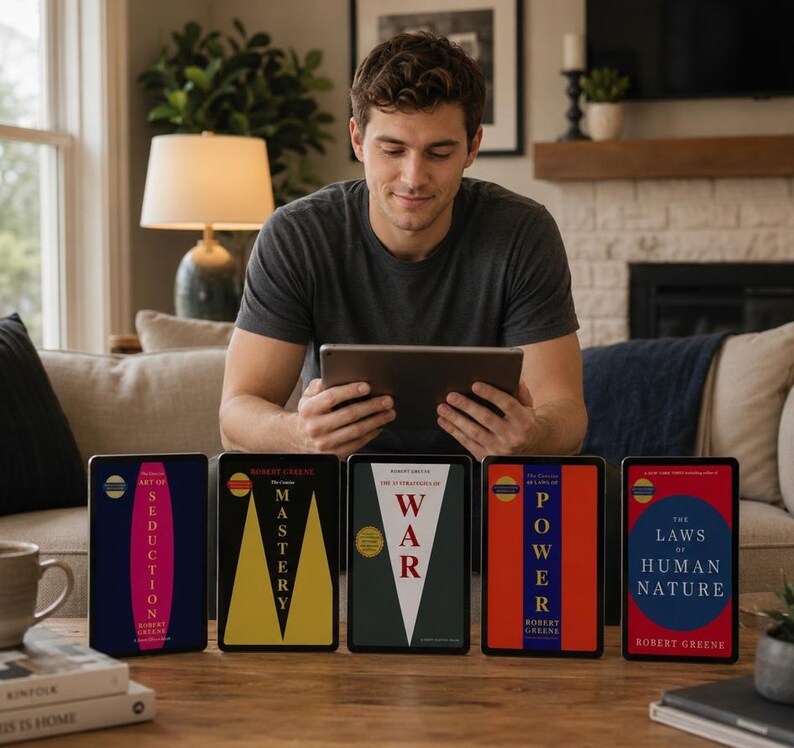 May include: Five digital tablets arranged in a row, each displaying a book cover by Robert Greene: The Art of Seduction, Mastery, The 33 Strategies of War, The 48 Laws of Power, and The Laws of Human Nature, with a person holding a tablet behind them.