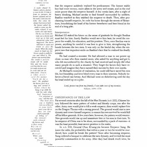 May include: A printed page featuring black text on a white background. The content includes the fable The Snake, the Farmer, and the Heron, an interpretation of Michael III and Basilius, and a section titled Observance of the Law about the Han Dynasty.