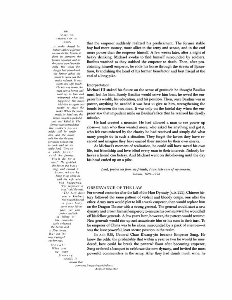 May include: A printed page featuring black text on a white background. The content includes the fable The Snake, the Farmer, and the Heron, an interpretation of Michael III and Basilius, and a section titled Observance of the Law about the Han Dynasty.