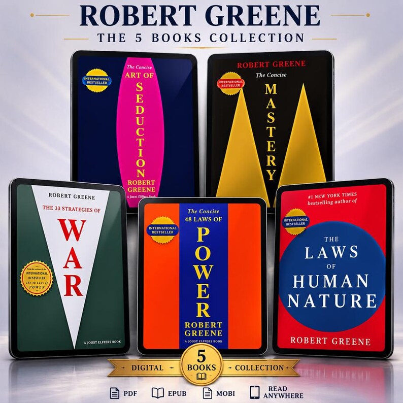 May include: A digital collection of five books by Robert Greene, including The Concise Art of Seduction, Mastery, The 33 Strategies of War, The Concise 48 Laws of Power, and The Laws of Human Nature, displayed as individual tablet covers.