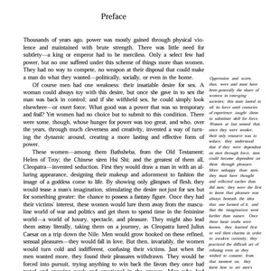 May include: A page of printed text titled Preface, featuring black serif font on a white background. The text discusses historical power dynamics, seduction, and figures such as Cleopatra, Helen of Troy, and Bathsheba, with a sidebar column.