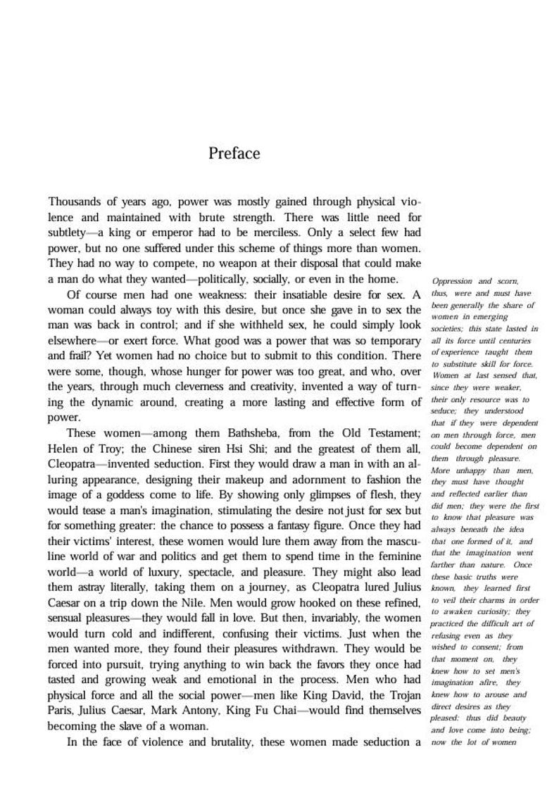 May include: A page of printed text titled Preface, featuring black serif font on a white background. The text discusses historical power dynamics, seduction, and figures such as Cleopatra, Helen of Troy, and Bathsheba, with a sidebar column.