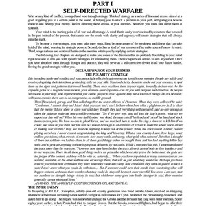 May include: A page of text from a book titled PART I SELF-DIRECTED WARFARE. The content discusses strategy, conflict, and the inner enemy, featuring a historical excerpt from Xenophon's Anabasis: The March Up Country, dated 430-355 B.C. at the bottom.
