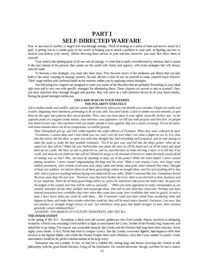 May include: A page of text from a book titled PART I SELF-DIRECTED WARFARE. The content discusses strategy, conflict, and the inner enemy, featuring a historical excerpt from Xenophon's Anabasis: The March Up Country, dated 430-355 B.C. at the bottom.