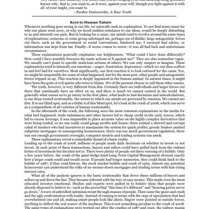May include: A printed page of text titled Keys to Human Nature, featuring a quote by Fyodor Dostoyevsky from A Raw Youth at the top. The text discusses human irrationality, emotional decision-making, and historical economic market crashes.