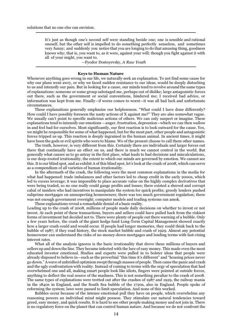 May include: A printed page of text titled Keys to Human Nature, featuring a quote by Fyodor Dostoyevsky from A Raw Youth at the top. The text discusses human irrationality, emotional decision-making, and historical economic market crashes.