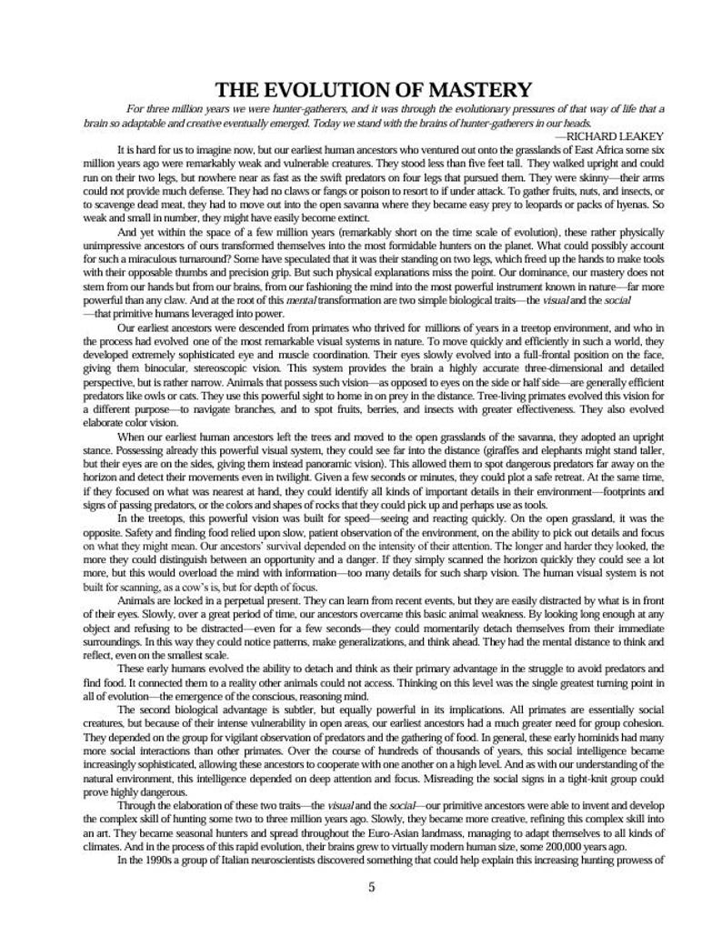 May include: A page of text titled THE EVOLUTION OF MASTERY, featuring a quote by Richard Leakey. The content discusses human evolutionary history, focusing on the development of visual systems, social intelligence, and the emergence of the conscious mind.