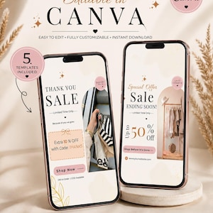 Puede incluir: Dos teléfonos inteligentes que muestran plantillas de marketing digital con texto que incluye 5 INSTAGRAM TEMPLATES, THANK YOU SALE y Special Offer Sale. Las pantallas presentan esquemas de color beige y rosa, marcos arqueados y gráficos.