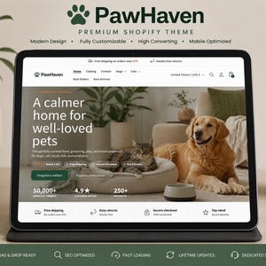 Könnte beinhalten: Ein Tablet-Bildschirm mit der PawHaven Shopify-Theme-Website. Die Startseite zeigt einen Golden Retriever und eine getigerte Katze auf einem Haustierbett, mit dem Text A calmer home for well-loved pets, Menüs und E-Commerce-Symbolen.