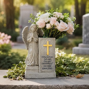 Op de afbeelding: Een grijze gedenkvaas in steenlook met een gebeeldhouwde engel met gevouwen handen naast een rechthoekige zuil. De zuil toont een goudkleurig kruis en de tekst: Time passes, but our love and memories of you will never fade.