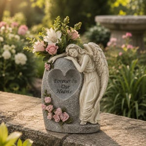 May include: A grey stone-textured memorial planter featuring a sculpted angel leaning against a heart-shaped centre with the text Forever In Our Hearts. The piece is decorated with pink roses and holds a bouquet of white and pink flowers.